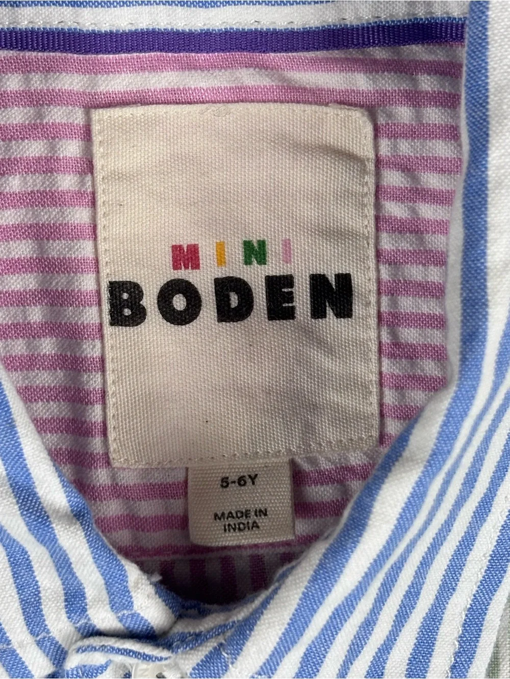 Mini Boden Boys Patchwork Stripe Button Shirt 5-6Y Colorblock Cotton Top